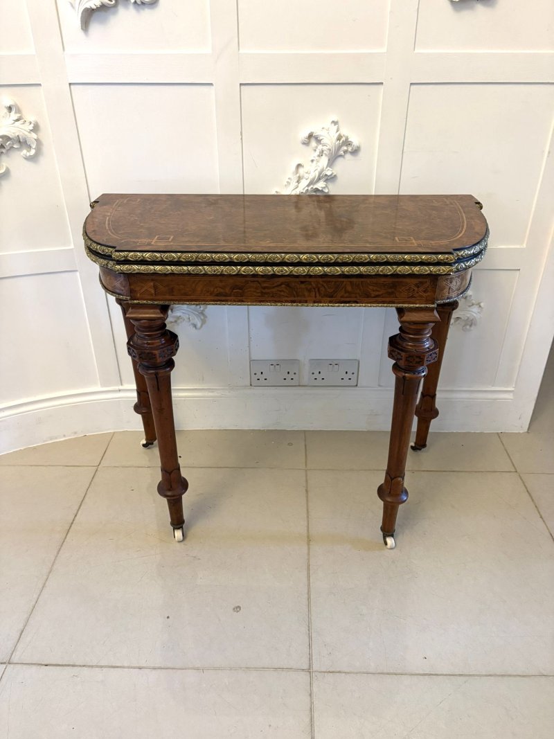Antique Victorian Burr Walnut Card Console Table with Ormolu Mounts and Inlay - Image 2